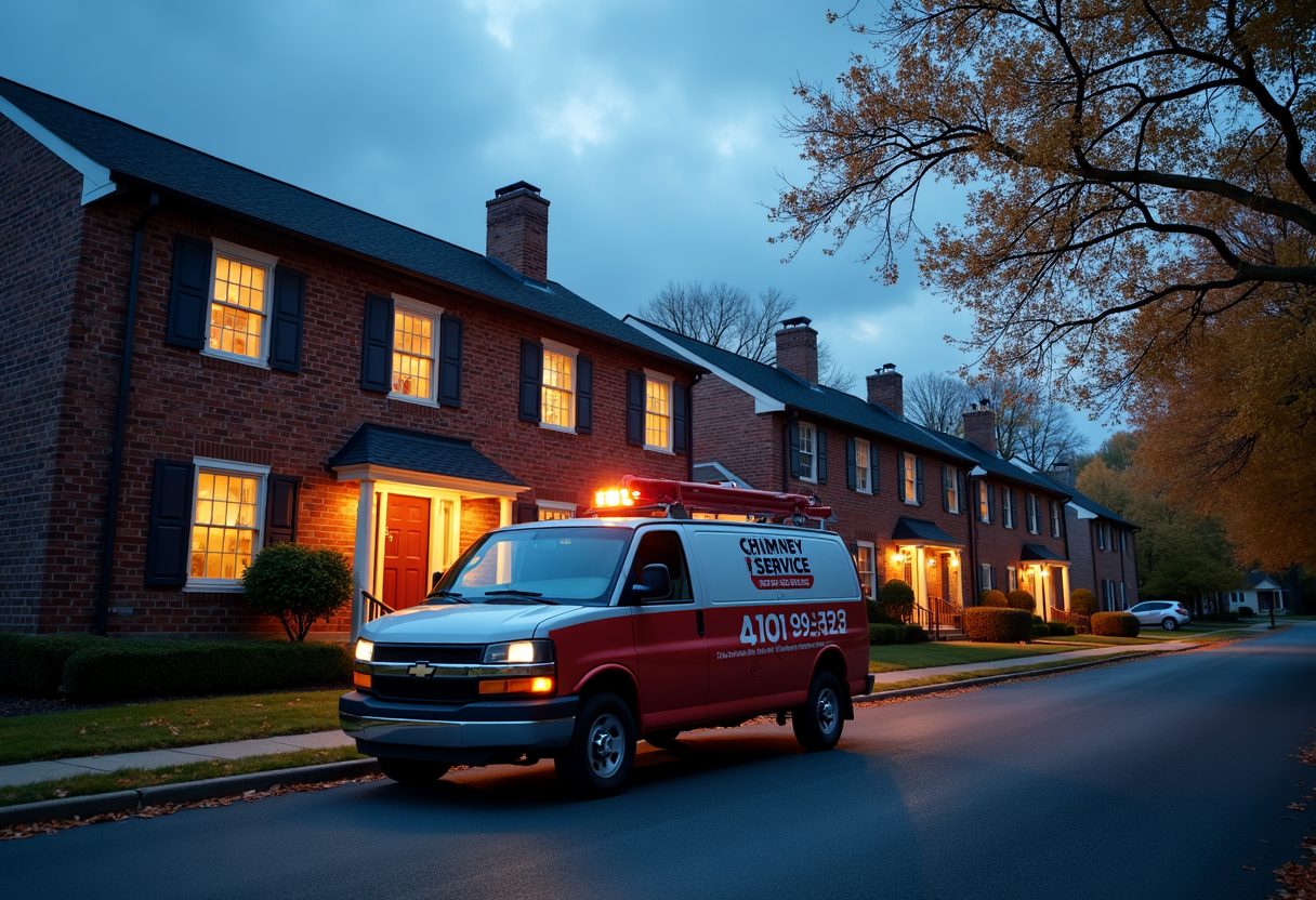 Chimney service van outside brick townhouses at dusk — Dale City
